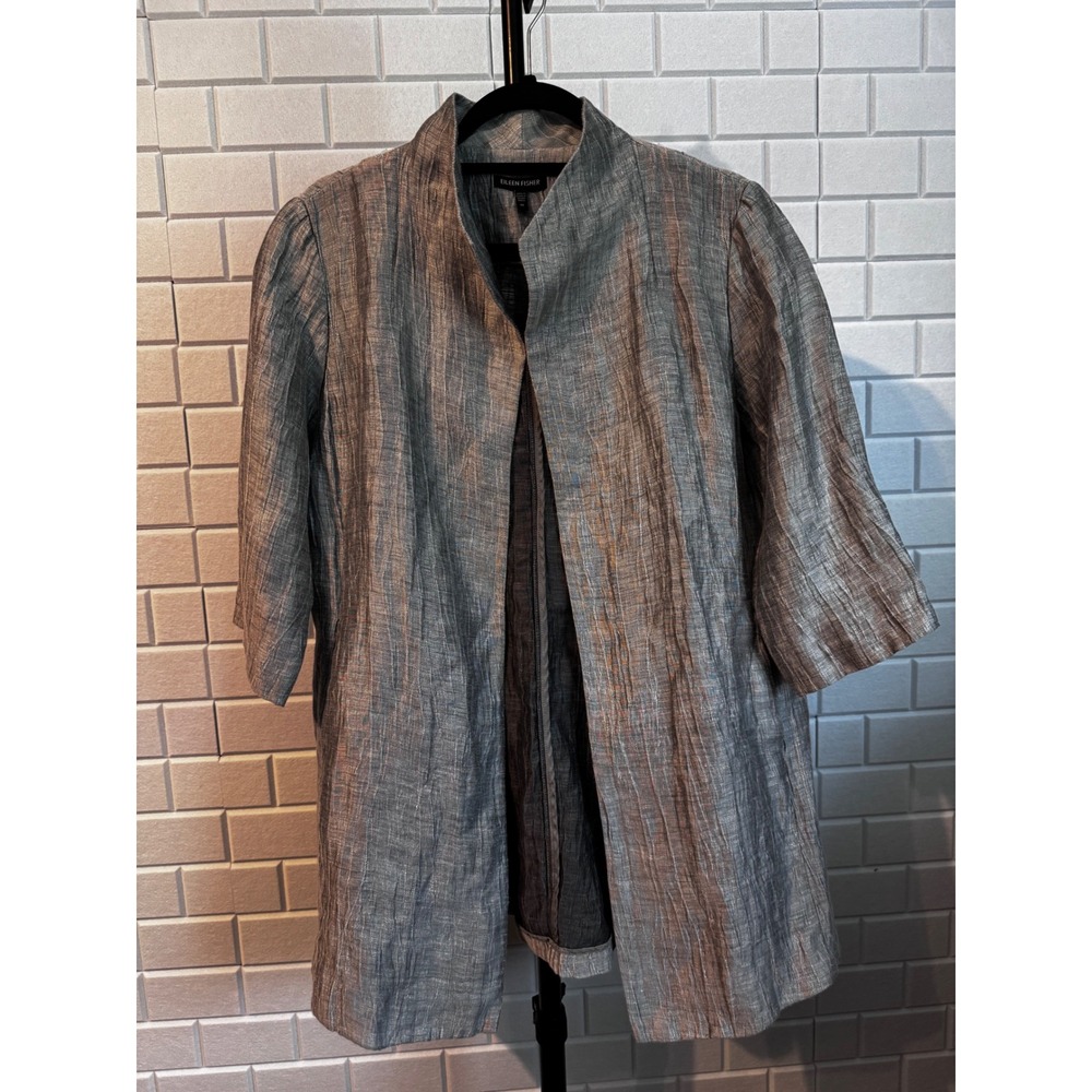 Eileen Fisher Grey Linen Silk Blend Open Front Cardigan Jacket Medium